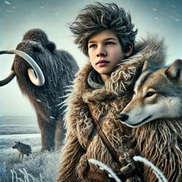 Mammut, Wolf und Junge friedlich in einem Schneesturm